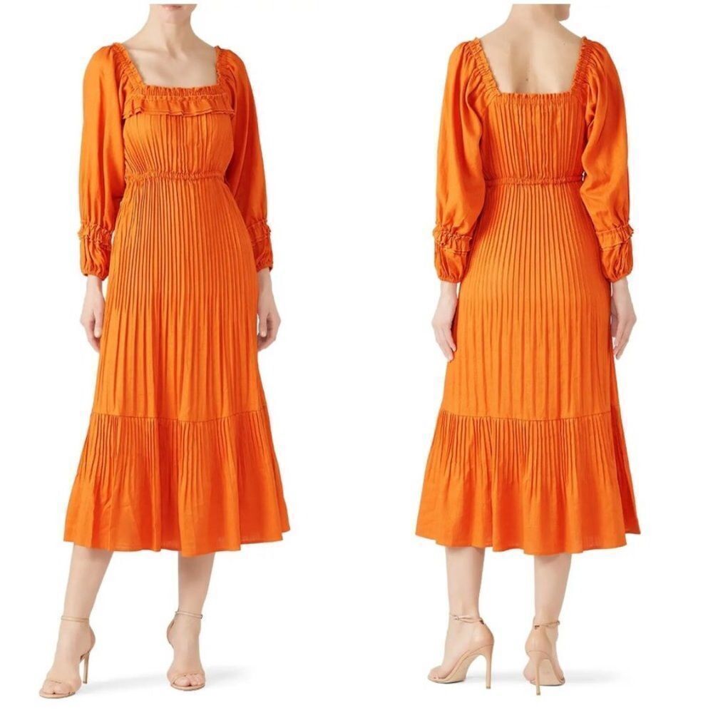 NICHOLAS | Orange Linen Blend Prairie Style Midi Dress Women’s Size 10